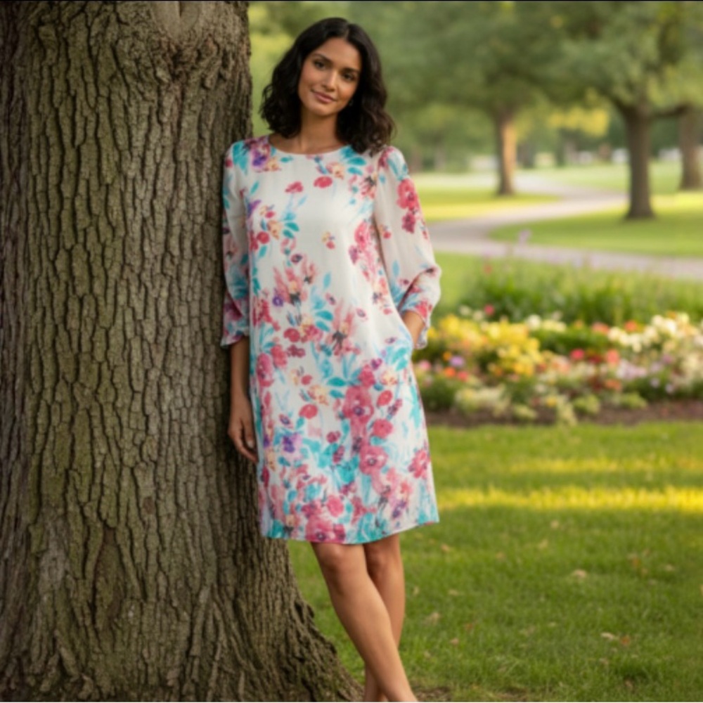 Chetta B Floral Midi Shift Dress Size 8